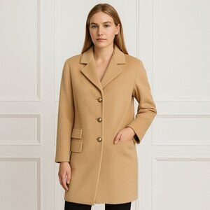 St John Angora Wool Cashmere Camel Coat Hammered Silvertone Buttons